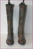 Bottes Cuir Bronze Marron et Vert Motifs Feuilles incrustées T 36 TBE