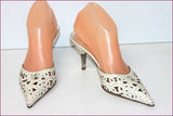 SANDRO VICARI Escarpins Pointus Tout Cuir Verni Blanc Cassé Strass T 36 TBE