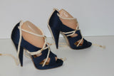 H & M Sandales Toile Satinée Marine Cordelettes Hauts Talons T 39 TBE