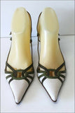 LUCIANO PADOVAN Escarpins Pointus Toile Ecrue  et Cuir Kaki T 38 TBE