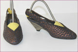 VINTAGE Escarpins FAIRE LADY Tout Cuir Tressé Marine et Bronze Cuivré T 35 TBE