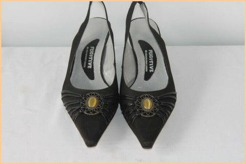 Escarpins Ouverts FUGITIVE Toile et Cuir Noir Bijou incrusté T 38 TTBE