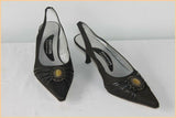 Escarpins Ouverts FUGITIVE Toile et Cuir Noir Bijou incrusté T 38 TTBE