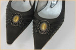 Escarpins Ouverts FUGITIVE Toile et Cuir Noir Bijou incrusté T 38 TTBE