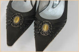 Escarpins Ouverts FUGITIVE Toile et Cuir Noir Bijou incrusté T 38 TTBE