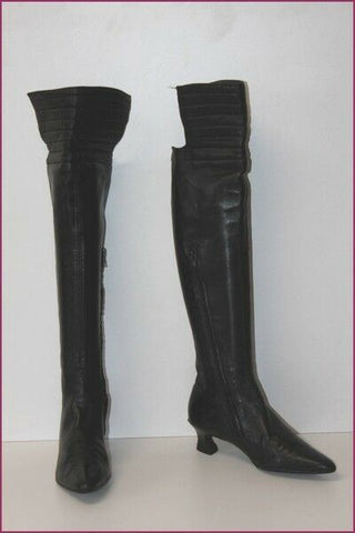 RENE CATY Bottes Genoux Cuir Noir Talons Triangulaires T 6.5 US / T 38 TBE