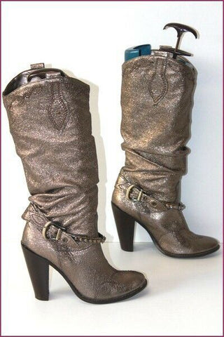 TEXTO Bottes Cuir Plissé Bronze Brillant Doublées Cuir T 38 TTBE