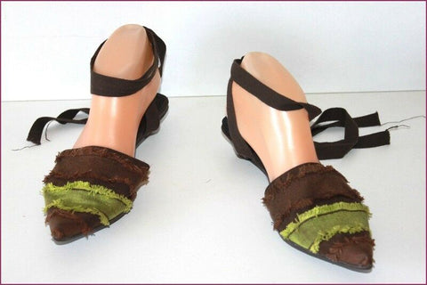 JB MARTIN Escarpins Pointus Tissu Vert et Marron Mules T 38 TBE