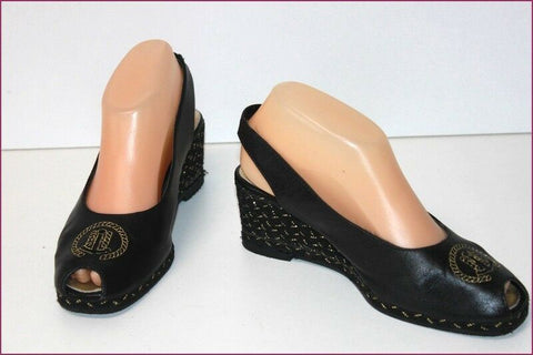 HEYRAUD Escarpins Ouverts Cuir Noir Talons Compensés T 38 BE