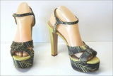 Zara Sandales Toile Satinée Imprimée  et Cuir Vert Pistache Talons Hauts  41 TBE