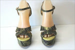 Zara Sandales Toile Satinée Imprimée  et Cuir Vert Pistache Talons Hauts  41 TBE
