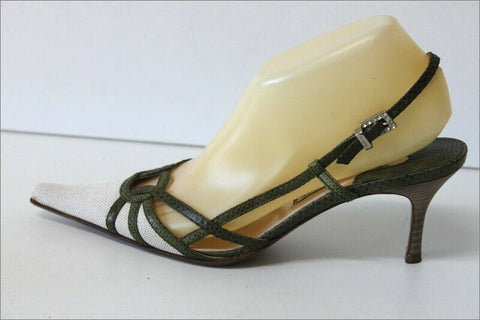 LUCIANO PADOVAN Escarpins Pointus Toile Ecrue  et Cuir Kaki T 38 TBE
