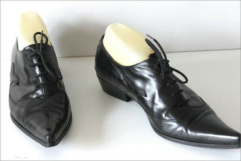 SAN MARINA Derby Pointus à Lacets Cuir Noir Petits Talons T 40 TBE