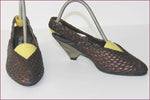 VINTAGE Escarpins FAIRE LADY Tout Cuir Tressé Marine et Bronze Cuivré T 35 TBE