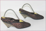 VINTAGE Escarpins FAIRE LADY Tout Cuir Tressé Marine et Bronze Cuivré T 35 TBE