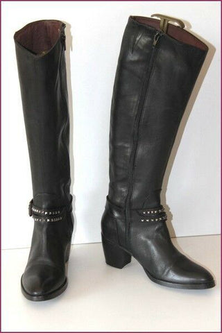 MURATTI Bottes à Talons Cuir Noir Lanière Cloutée T 37 TBE