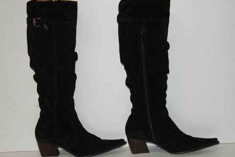 SAN MARINA Bottes Pointues Daim Plissé Noir Doublées Cuir T 37 TBE