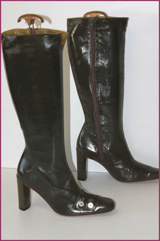LES PARISIENNES PAR KALLISTE Bottes Vintage Tout Cuir Verni Vert Chasse T 39 TBE