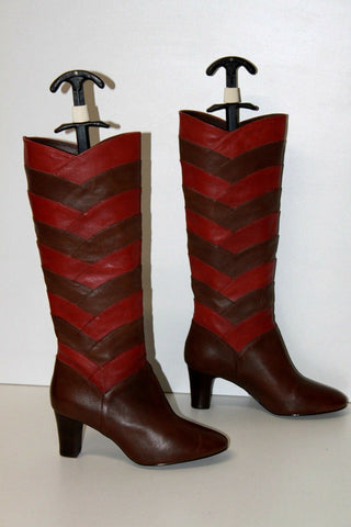 ANDRE Bottes à Talons Cuir Bicolore Rouge Cerise et Marron T 36 ETAT NEUF