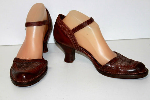 ART Escarpins à Sangles Tout Cuir Cognac Talons Bobines T 40 TBE