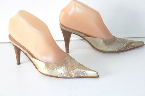 MINELLI Escarpins Mules Pointues Cuir Doré et Marron Clair T 35 TBE