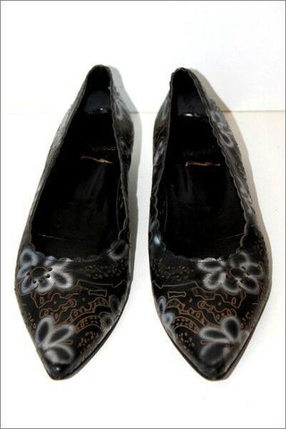 HEYRAUD Escarpins Pointus Tout Cuir Imprimé Ajouré Petits Talons T 39.5 TBE