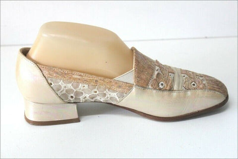 HEYRAUD Escarpins Tout Cuir Vanille Nacré Broderie T 38 BE