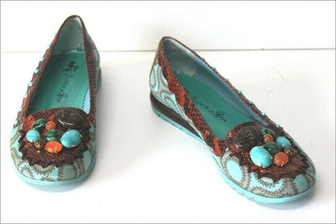 SANCHE DE LA ROSA Ballerines Cuir Turquoise Bijoux Pierres T 37.5 TTBE