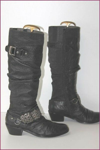 MAM'ZELLE Bottes Cuir Fripé Noir Motif Metallique T 40 TBE